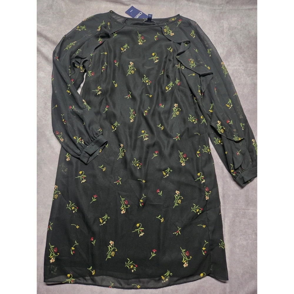 Chaps Women's Black Dress w/Flutter Sleeves Multicolor Floral Print Size 10 NWT